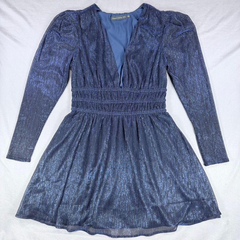 House of Harlow 1960 Women Medium Blue Metallic Shimmer Puff Long Sleeve Dress